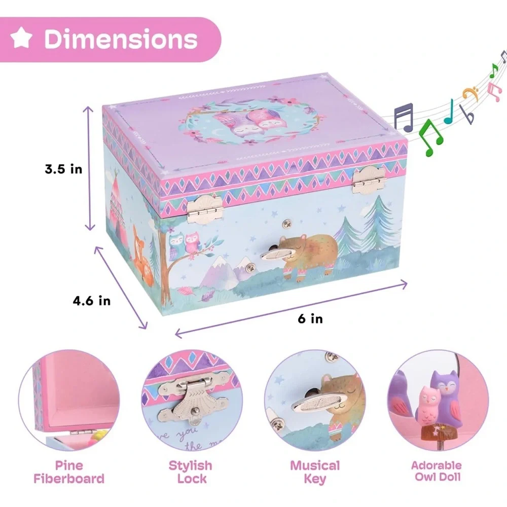 Woodland Animal Musical Jewelry Box, Pink/Purple, NIB